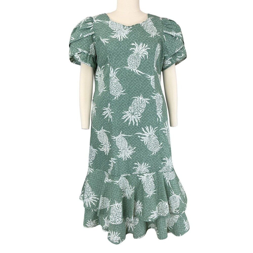 Hilo Hattie Hawaiian Dress L Tropical Pineapple Puff Sleeve Tiered Ruffled BOHO